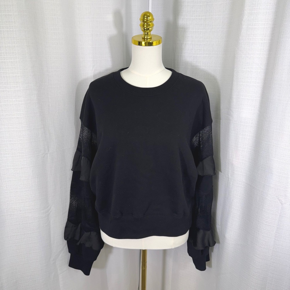NWOT AllSaints Black Organic Cotton Gracie Sweatshirt Lace Ruffle Sleeve Large - Picture 3 of 15